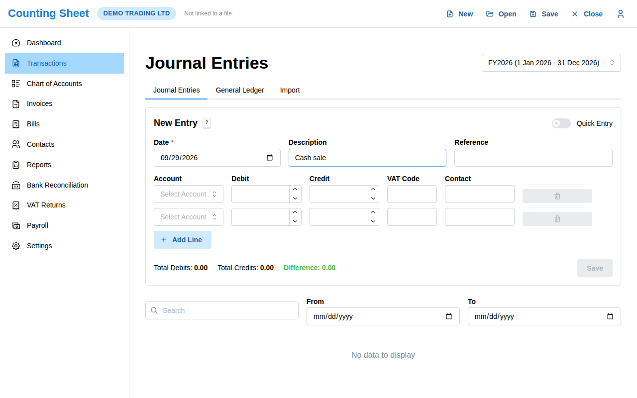 Adding a journal entry in Counting Sheet, with debit and credit lines that must balance before it saves